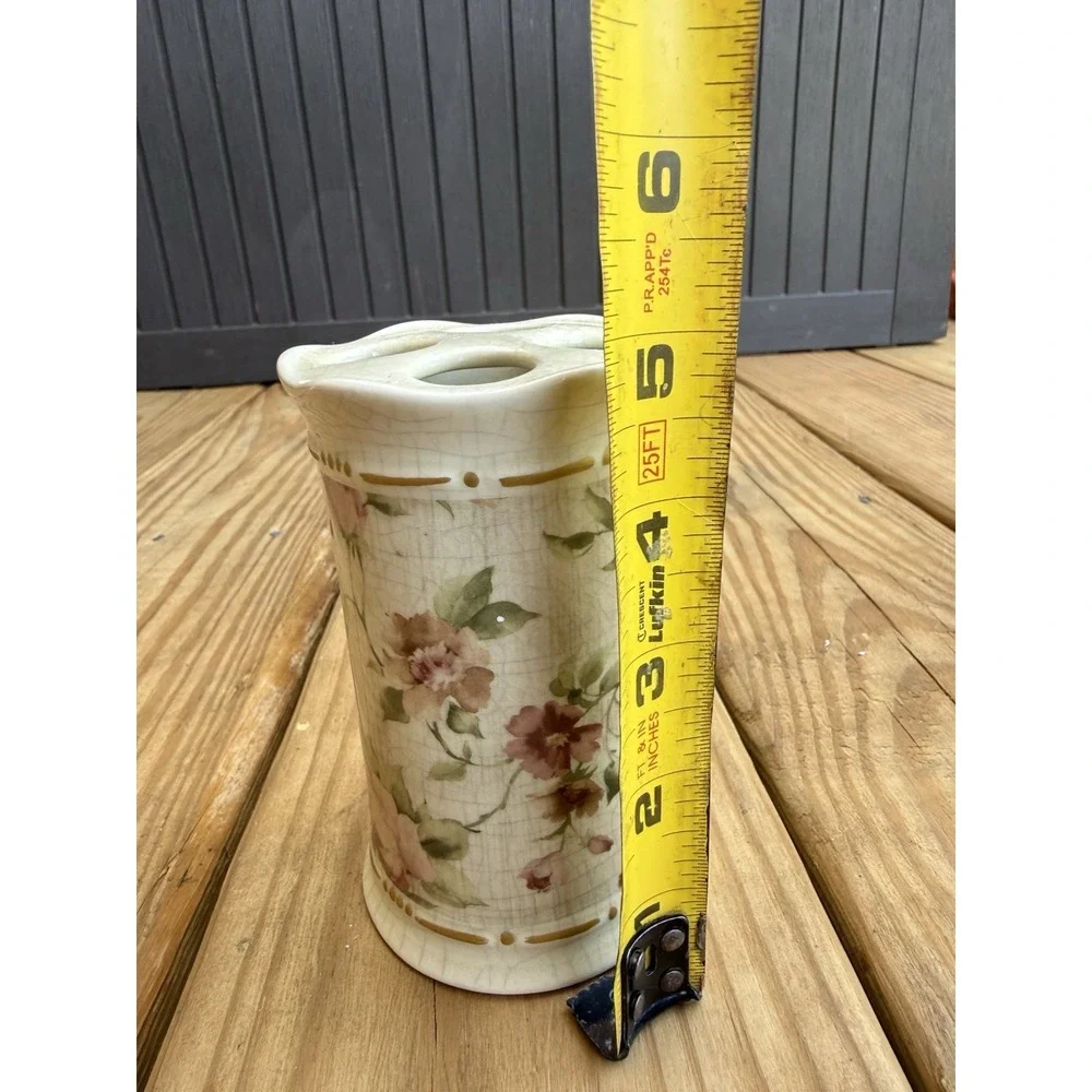 Vintage Croscill Toothbrush Holder Crackle Floral Pattern Gold Trim